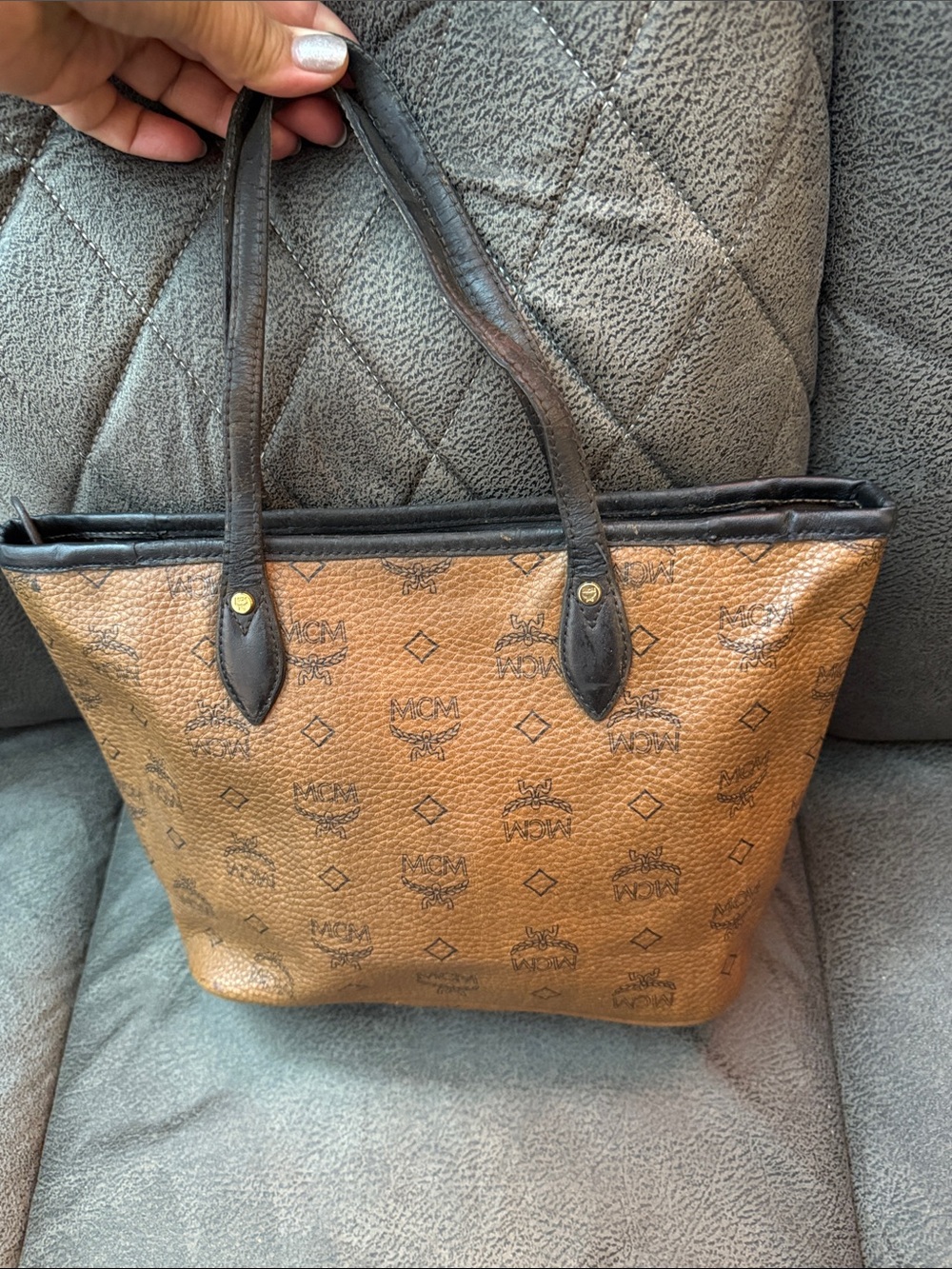 MCM -Style Brown Tote Bag with Blue Stripe - Picture 3 of 8